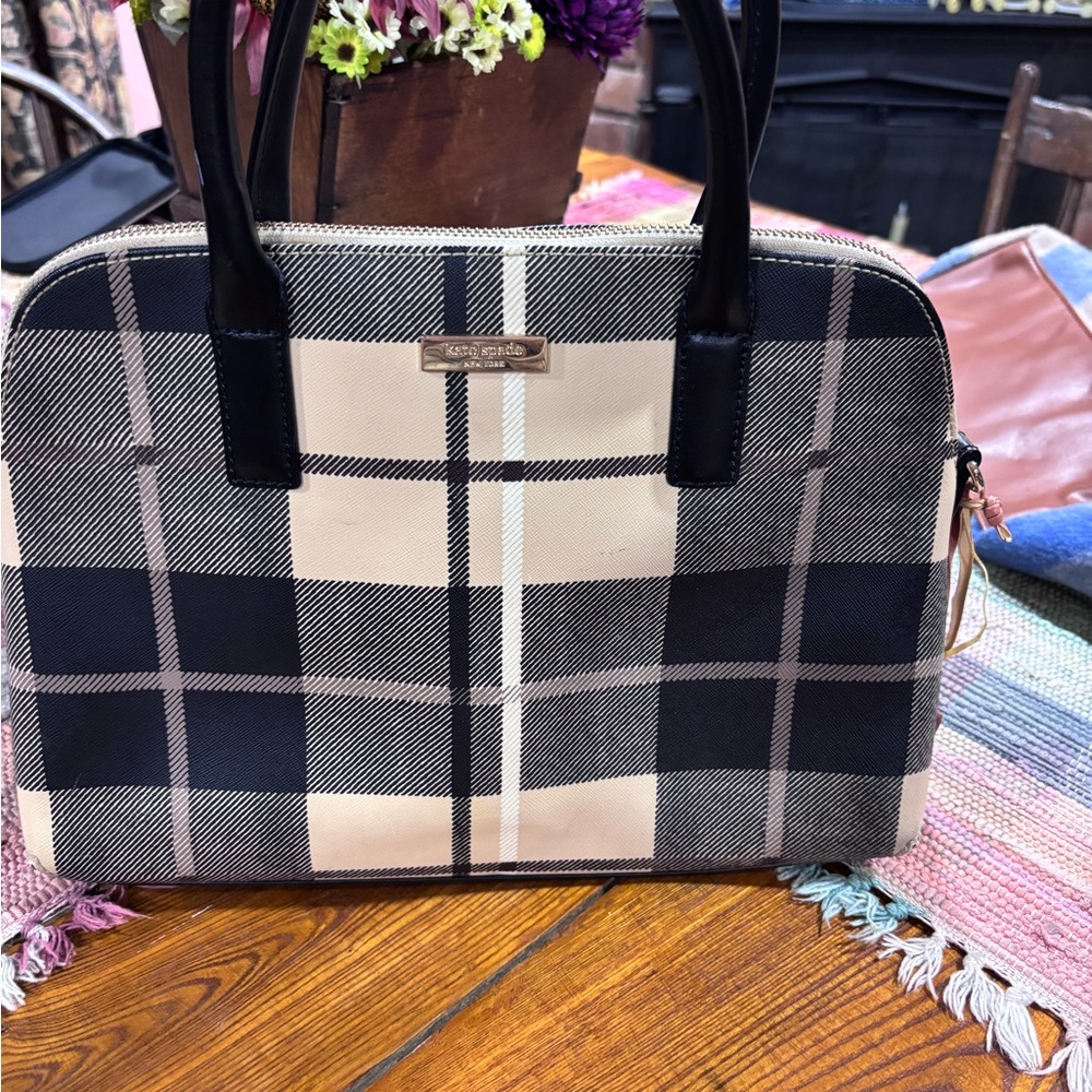 Kate Spade Dark Green, Black and Cream Plaid Satchel.